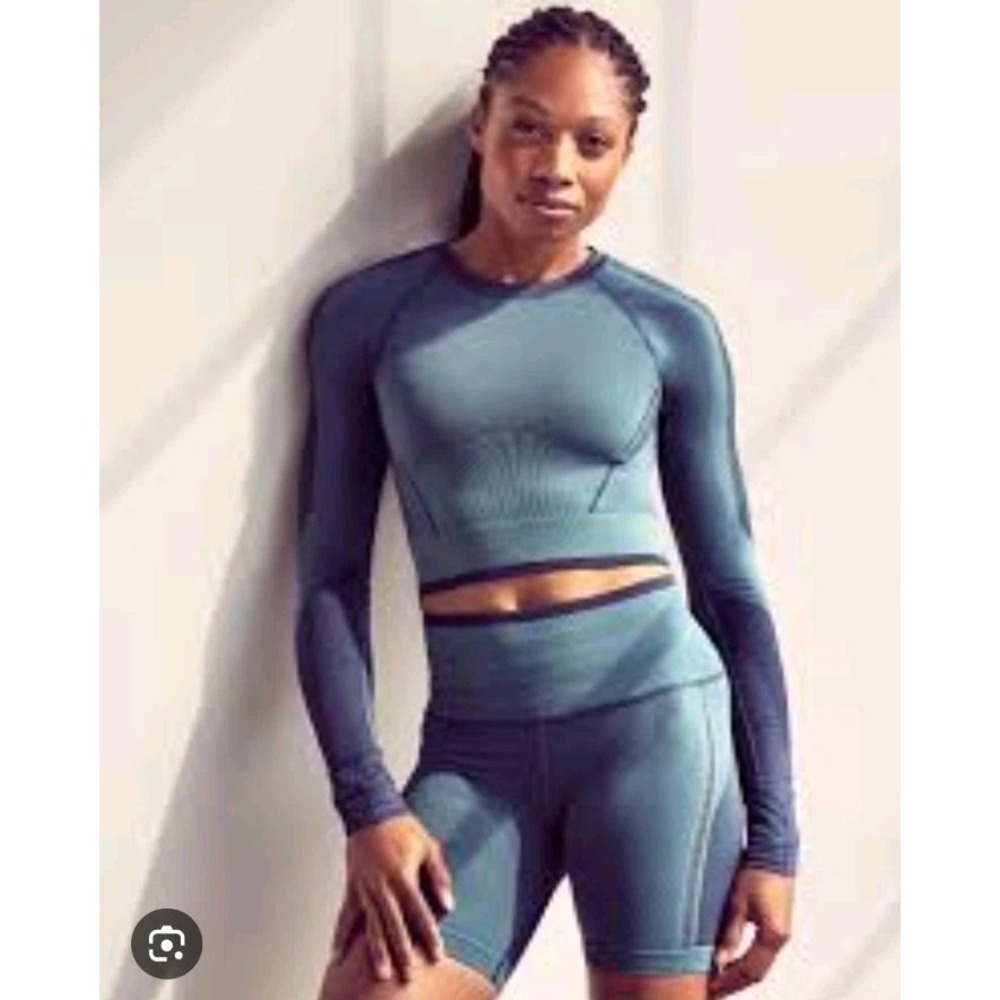 Athleta Allyson Felix Women Cropped Compression Top BLUE XS Small Color Block